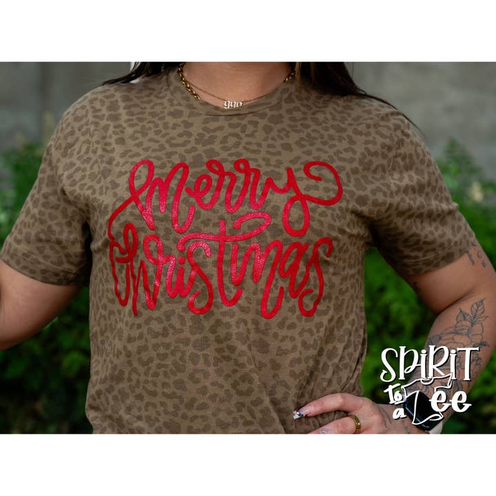 Spirit to a Tee - Wholesale Screen Printed T-Shirt - Women's - Merry Christmas Glitter - Animal Print Christmas Tee3