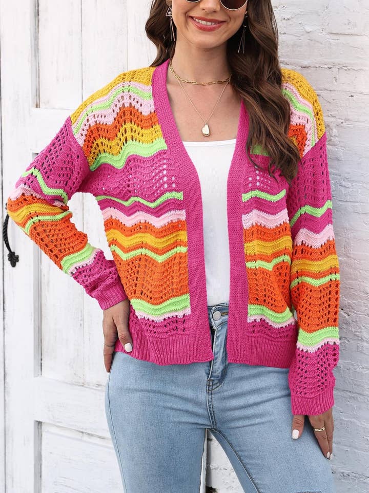 Rosa Clothing - Wholesale Cardigan - Women's - Wavy Pattern Intercolored Striped Cardigan