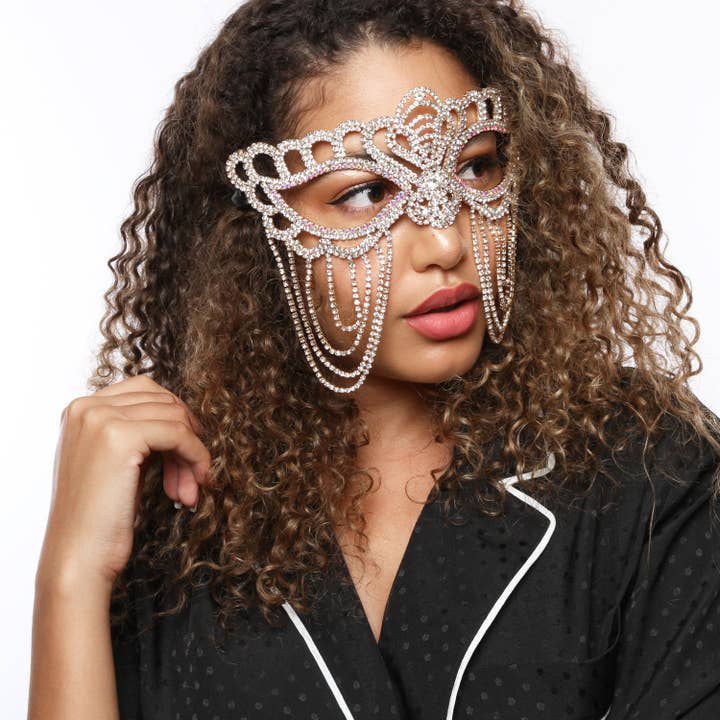 Scalloped Rhinestone Fringe Masquerade Mask for wholesale by SP Sophia Collection