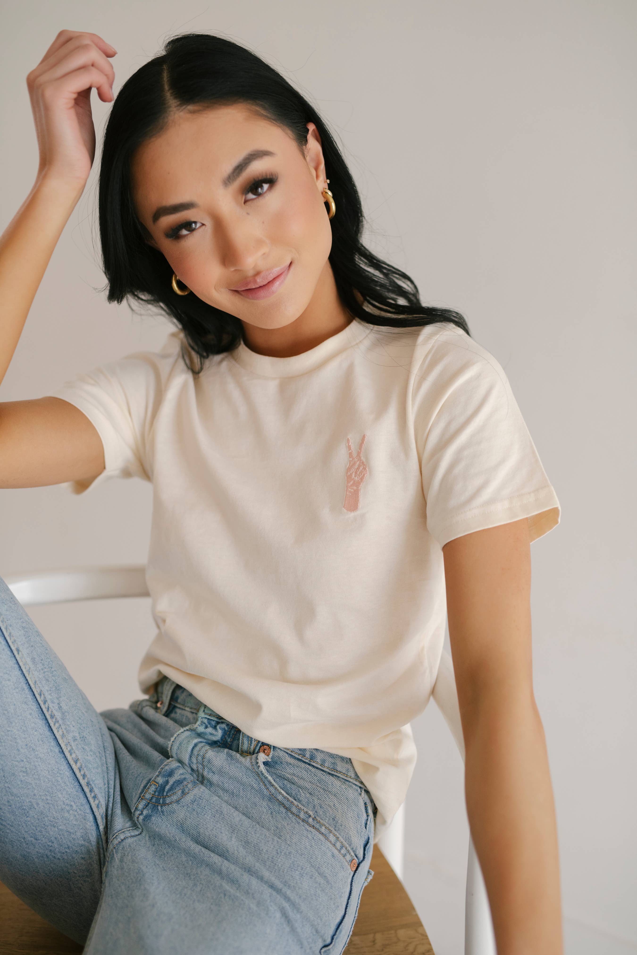 Rose Dust Peace Hand Embroidered T-Shirt, Womens Shirt, Chainstitch for wholesale on Faire3