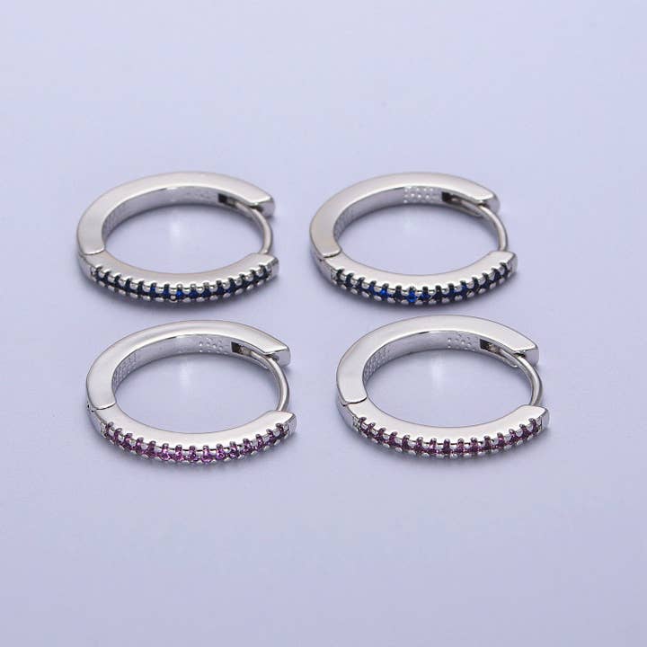 White Gold Filled Blue, Fuchsia Micro Paved CZ 17mm Silver Huggie Earrings | AB012 AB014 for wholesale by Aim Eternal