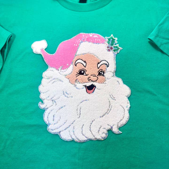 sequinandstiches – Großhandel Aufnäher – Rosafarbener Weihnachtsmann-Patch, 11-Zoll-Patch, Weihnachtsaufnäher, Aufnäher zum Aufbügeln, Feiertagsaufnäher, DIY-Patch, Sweatshirt-Aufnäher1