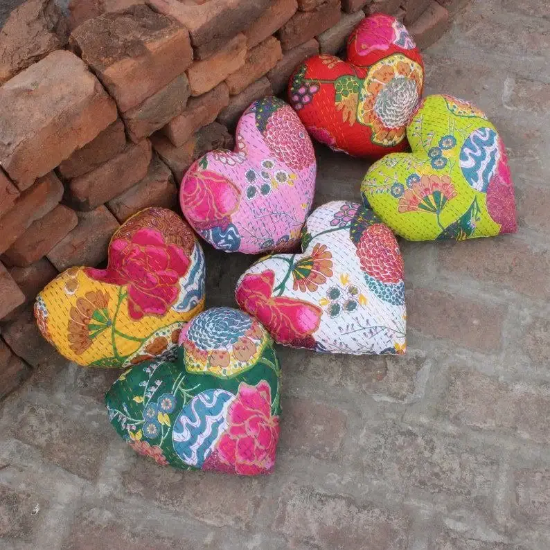 Bhawana Handicrafts - Wholesale Throw/Decorative Pillow - 5 Piece Lot, Handmade Heart Throw Pillow Kantha Pillow With 5