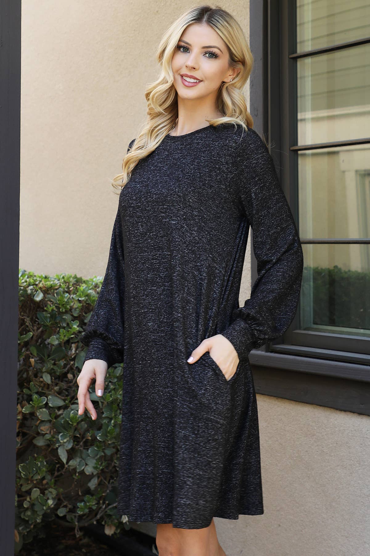 You & Me - Wholesale Dress - Women's - YMD10063V-PUFF LONG SLEEVE HACCI BRUSHED DRESS1