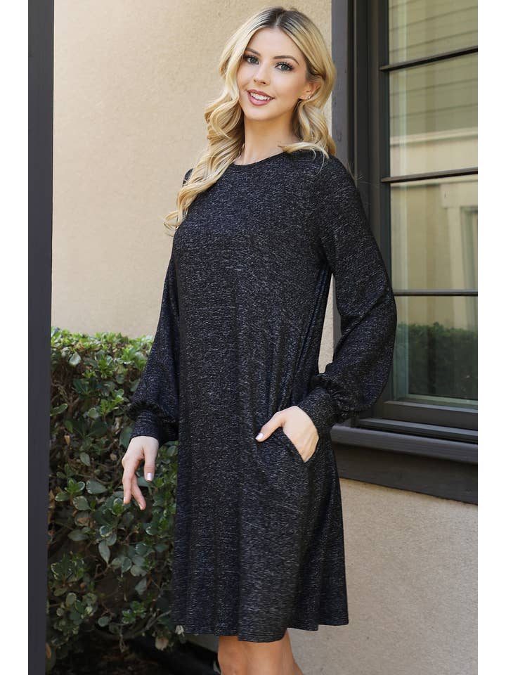 You & Me - Wholesale Dress - Women's - YMD10063V-PUFF LONG SLEEVE HACCI BRUSHED DRESS1