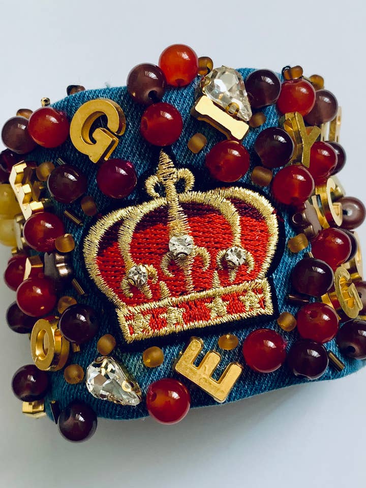 CROWN – Handmade Denim Bracelet with Royal Embroidery & Bead for wholesale by GARELL