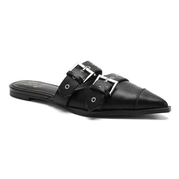 Beast Fashion SWIRL-01 Women Double Buckle Strap Pointed Toe Flat Mules-12 Pairs Pack-29.15/Pair for wholesale by Mars Sky Shoes Wholesale