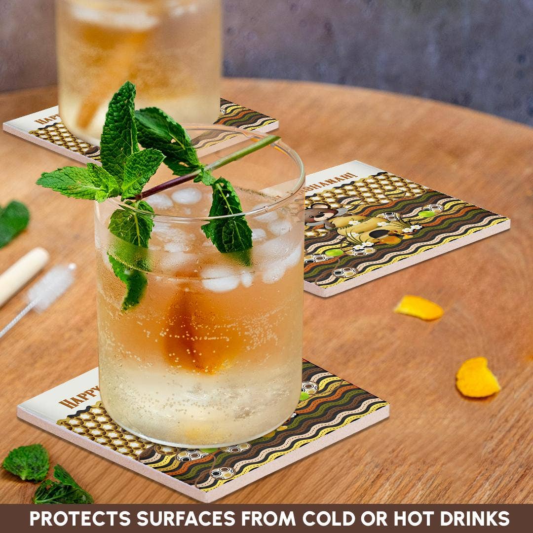 3dRose - Vente Sous-verre - 3dRose, Image d'un ours abeille de Rosh Hashanah, nid d'abeilles, pommes, pot et ruche, dessous de verre2