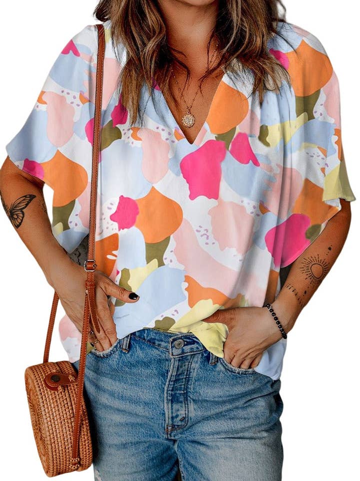 Secret Style Source - Wholesale Blouse - Women's - Colorful Abstract Print Blousy Draped Top