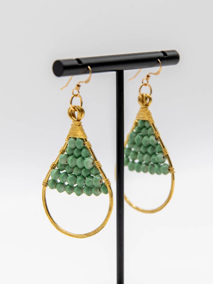 Woven Paper Bead Teardrop Hoop Earrings in Brass for wholesale by The Bead Project by TWOPU