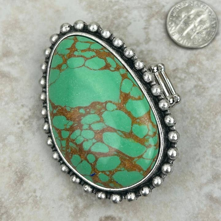 RGY230225-02-GREEN Large Silver oval with green stone stretch Ring for wholesale by Western Elite Jewelry