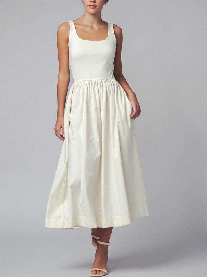 Urban Daizy - Wholesale Dress - Women's - Elegant Square Neck Cotton Blend Gathered Waist Midi Dress