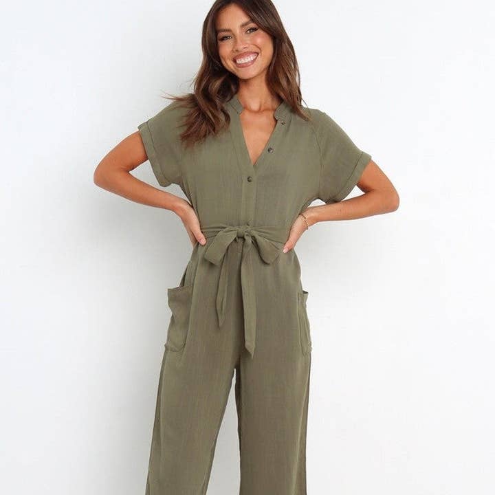 Effen Kleur V-Hals Jumpsuit met Wijde Pijpen voor wholesale door UZ Wholesale Store