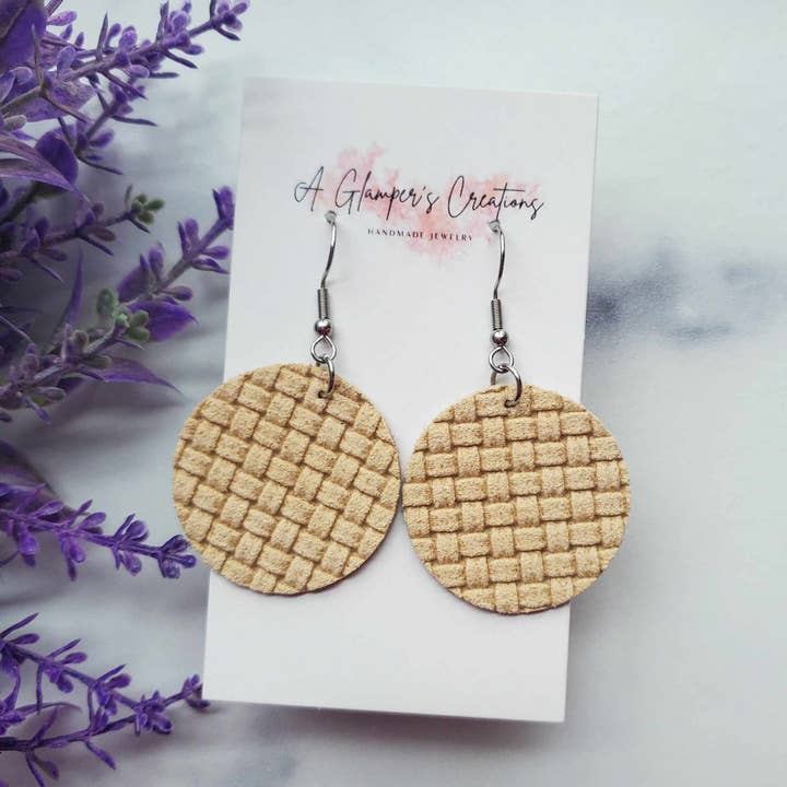 Light Tan Basketweave Circle Drops Leather Earrings for wholesale by A Glamper's Creations LLC