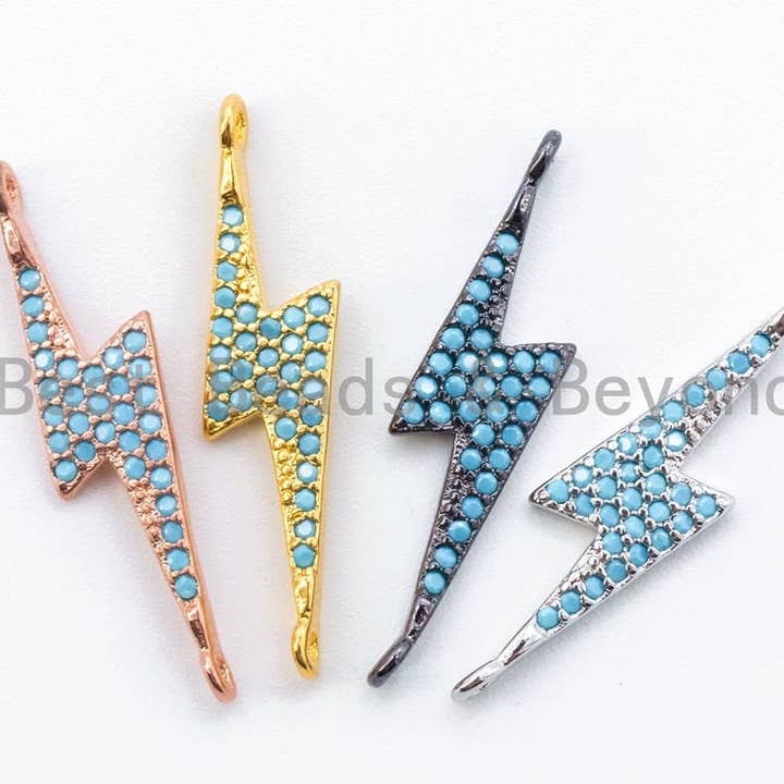 BestBeads&Beyond - Wholesale Individual Charm/Pendant - CZ Turquoise Micro Pave Thunder Lightning bolt Connector Charm, Blue Topaz in Gold, Silver, Black& Silver Finish, 5x25mm,sku#M890