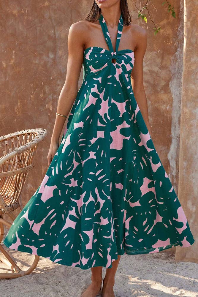 UNISHE - Wholesale Dress - Women's - Halter Neck Flare Printed Maxi Dress QXX0726
