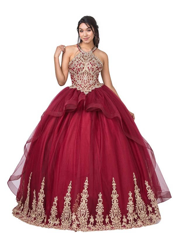 AB 8723 Gold Applique Quinceanera Dress with AB Rhinestones for wholesale by Anny Lee