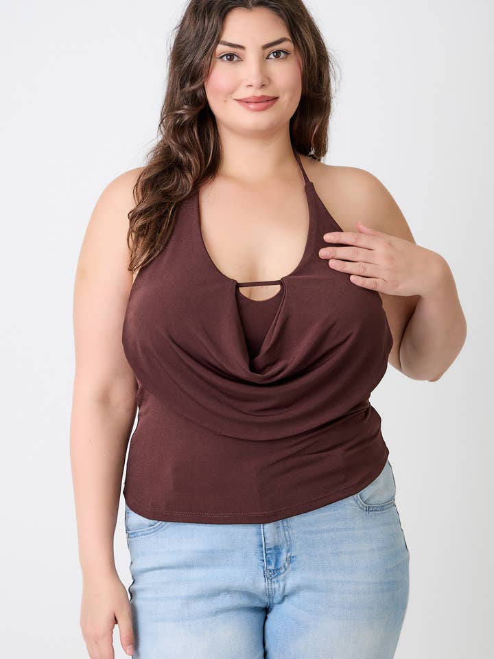 Plus Size Halter Cowl Neck Draped Top JK19061-T for wholesale by Haute Fox Plus Size & Contemporary