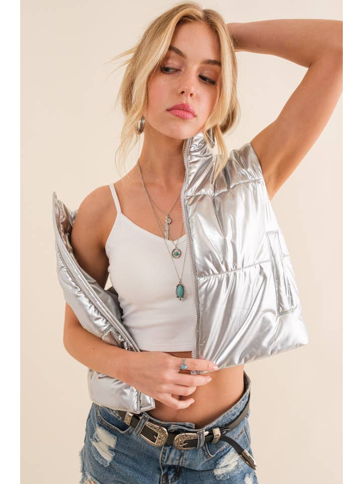 Blue B - Wholesale Outerwear Vest - Women's - 22656J - Gloss Shiny PU Quilted Puffer Zip Up Crop Vest18