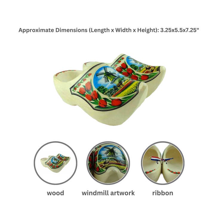 European Heritage Gifts - Wholesale Decorative Tabletop Object - Decorative Dutch Shoe Clogs w/ Windmill and Tulips Design-7"