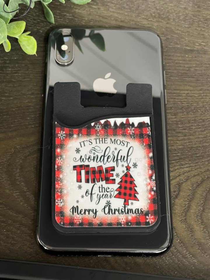 Most Wonderful Time Buffalo Plaid Card Caddy Phone Wallet for wholesale by CMD Wholesale