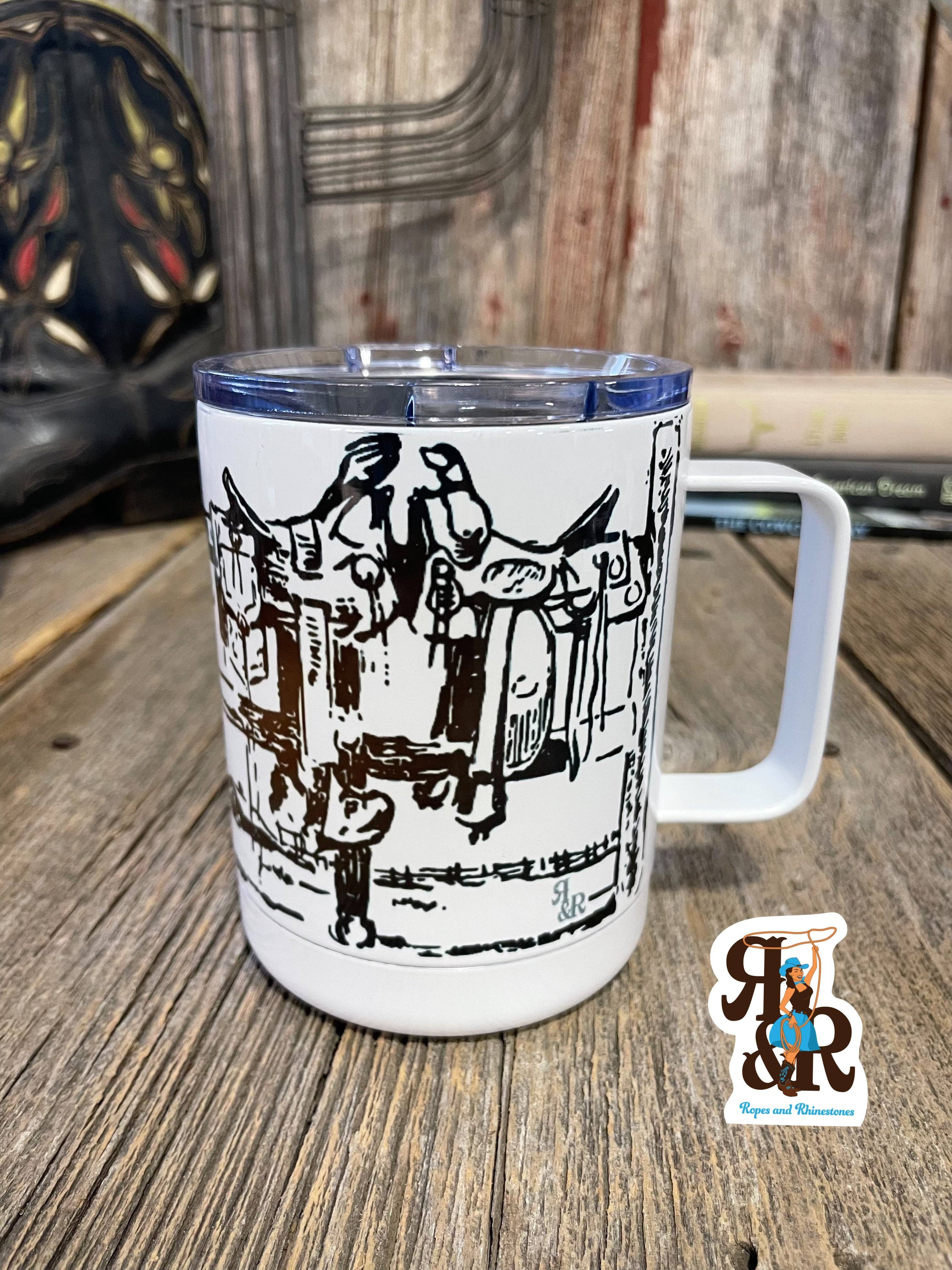 Ropes and Rhinestones - Wholesale Insulated Mug/Tumbler - Saddles On The Fence Handle Cup Wholesale