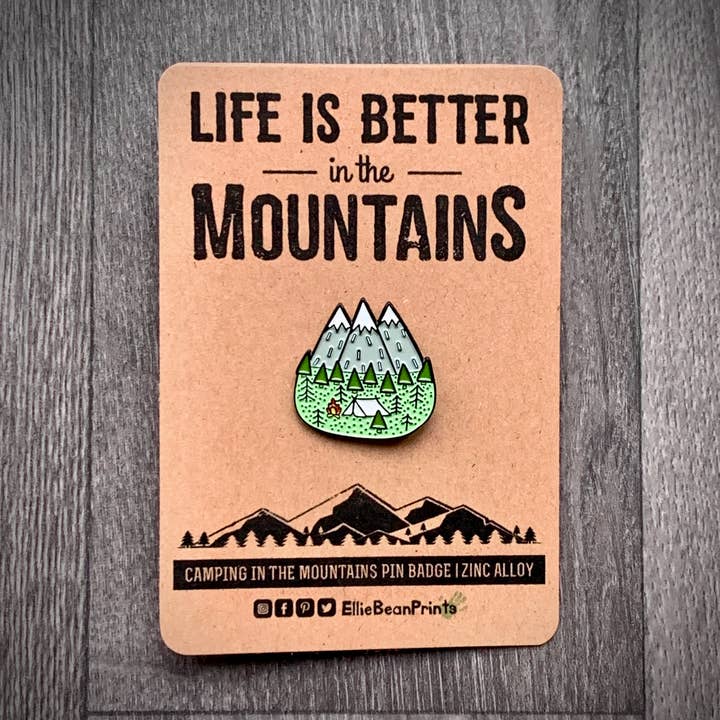 Camping In The Mountains Pin Badge | With Kraft Card for wholesale by EllieBeanPrints