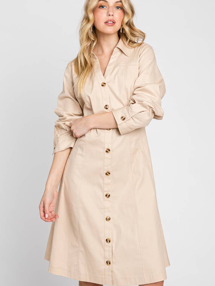 FSD42230-STK Robe Midi à Manches Longues en Sergé à Col Boutonné pour la vente par Fascination by Intrend