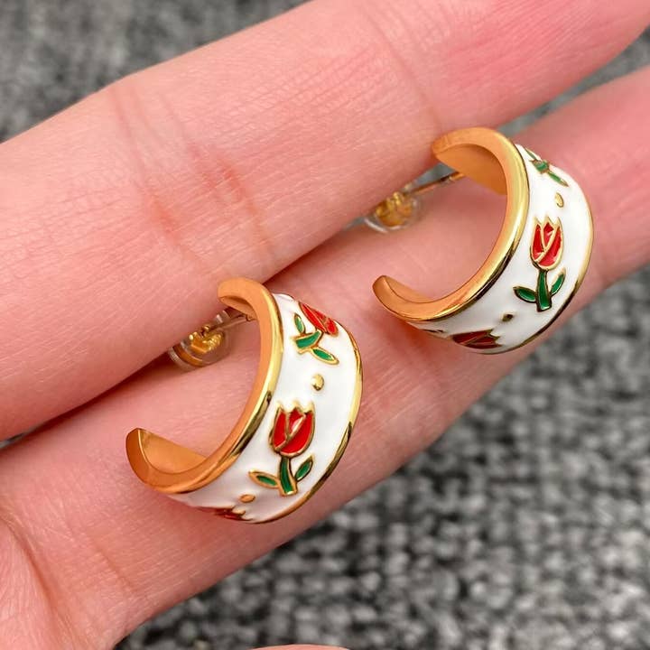Enamel Tulip 18K Gold Plated C Shape Stud Earrings for wholesale by Mio Queena