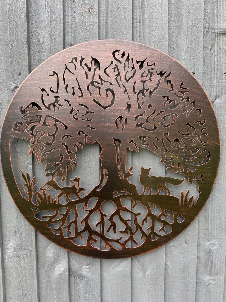 Placa de pared hecha a mano de bronce de 60 cm con forma de árbol de la vida con raíces con dos zorros, metal de acero con recubrimiento en polvo, arte de pared para jardín/interior para venta al por mayor de Marissa's Gifts