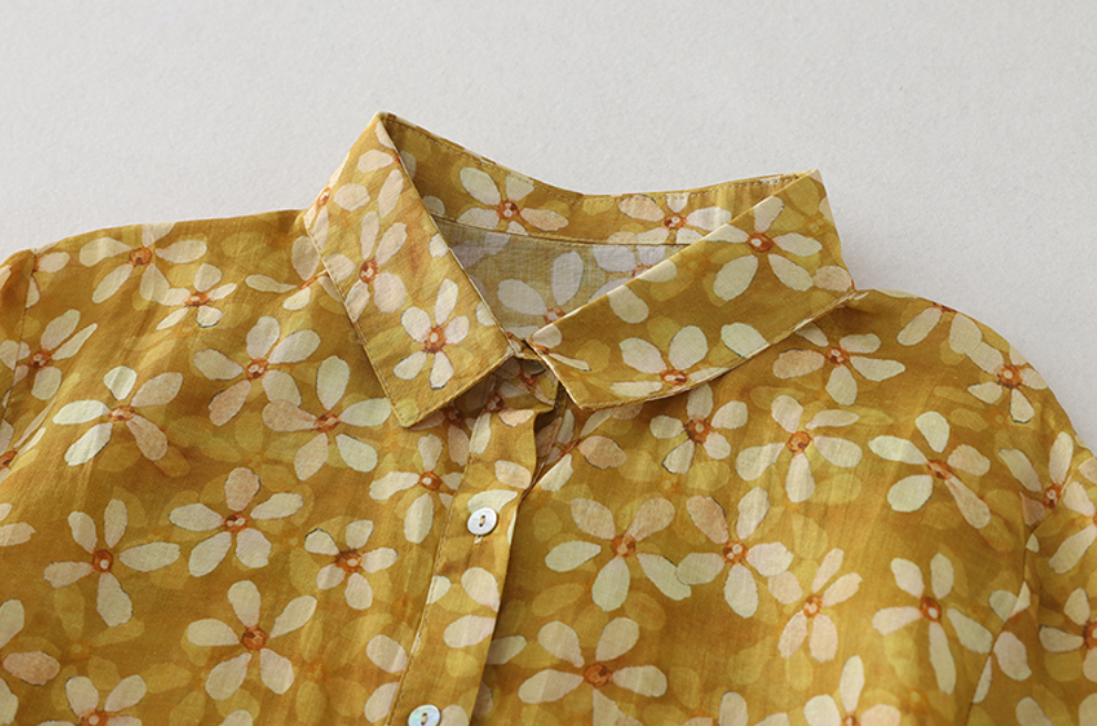 Whisper Mint - Wholesale Button Down Shirt - Women's - Cotton Floral Shirt| Versatile Yellow Printed Blouse| 4 pcs3
