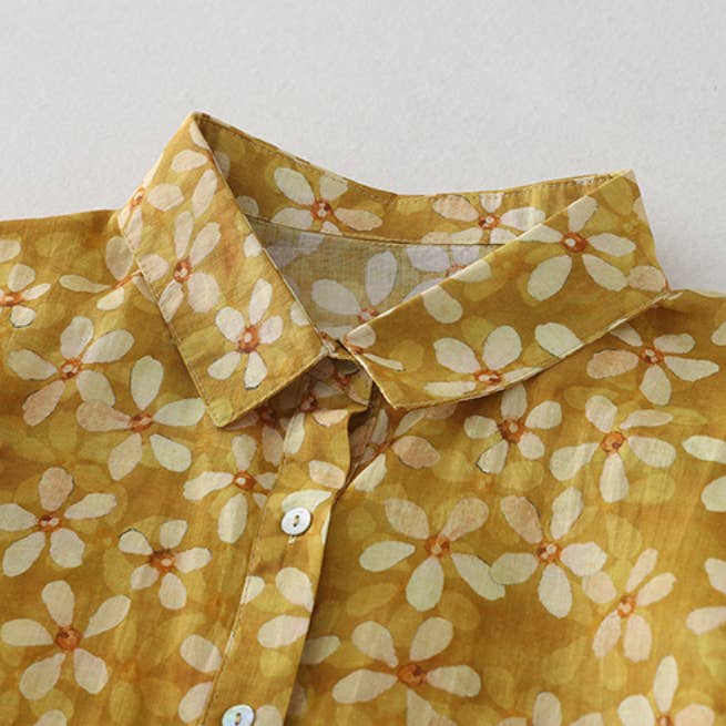 Whisper Mint - Wholesale Button Down Shirt - Women's - Cotton Floral Shirt| Versatile Yellow Printed Blouse| 4 pcs3