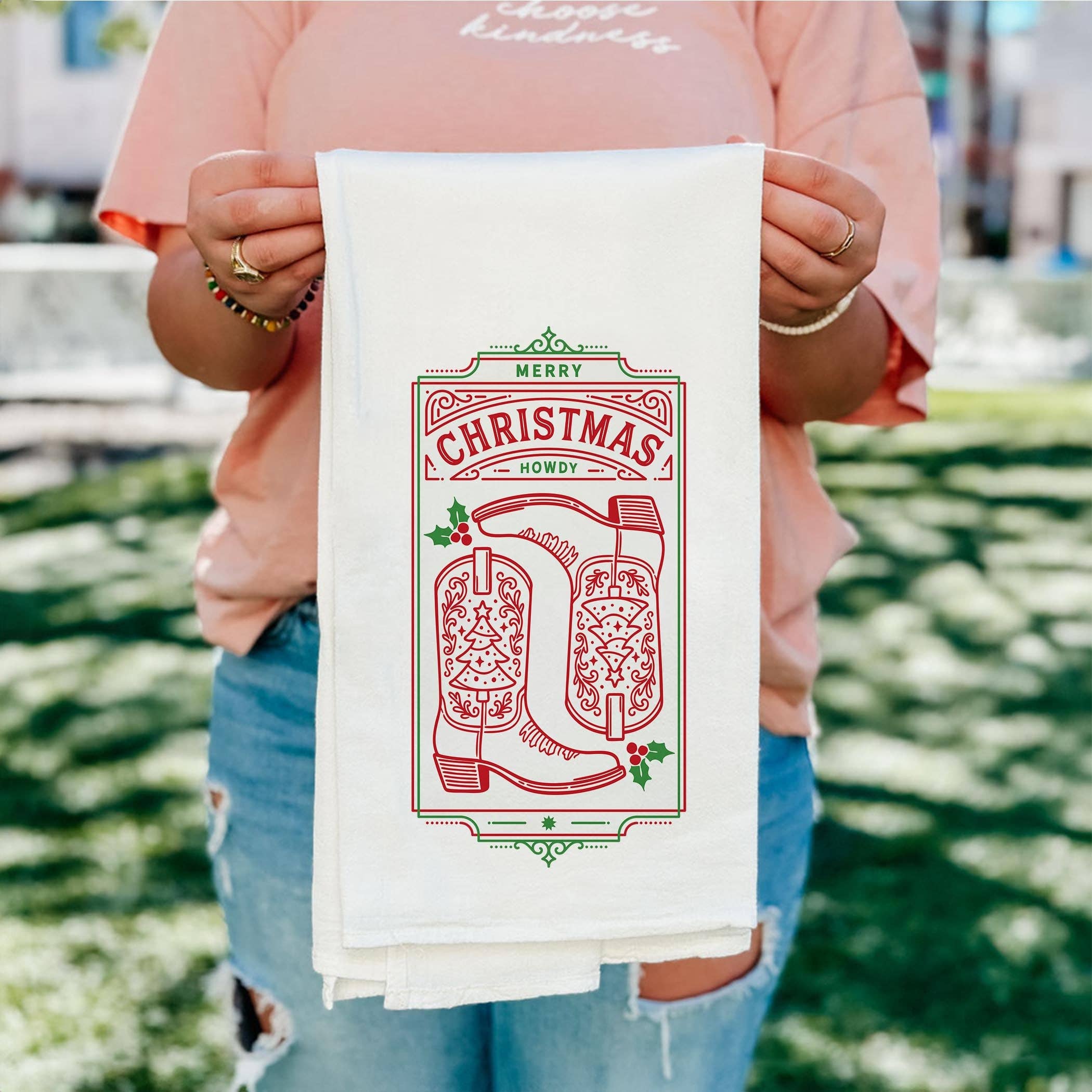 White Cotton Tea Towel White-Western Christmas for wholesale on Faire5