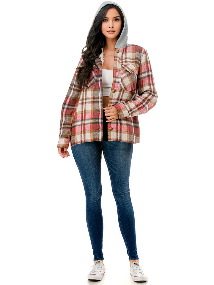 Color 5 - Wholesale Shirt Jacket/Shacket - Women’s - Sherpa fur lined flannel shirt jacket with hoodie and pocket8