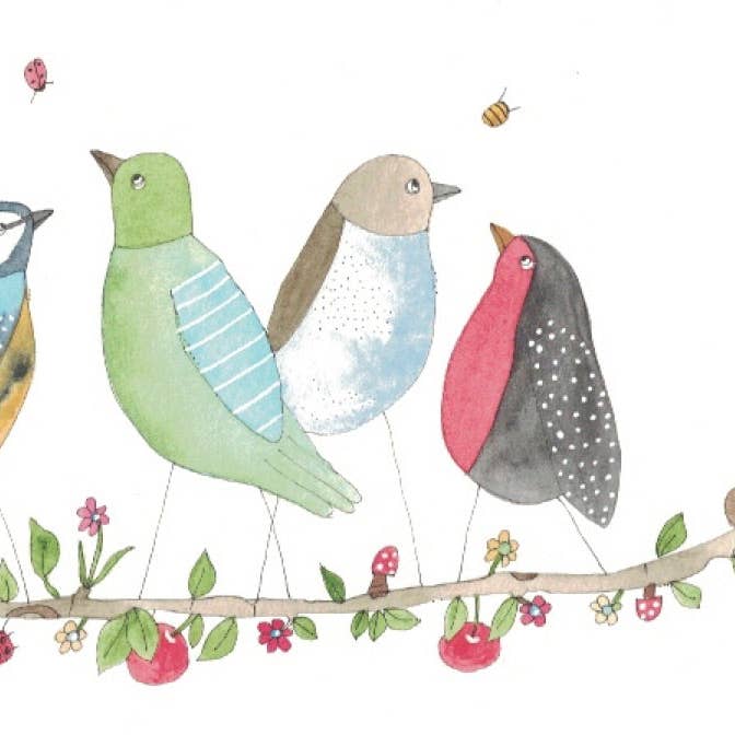 Lykønskningskort „4 fugle i et kirsebærtræ“ for engroshandel hos Elle Bee Art Studio