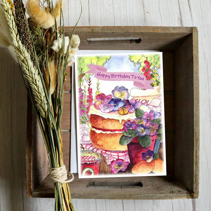 Seeds with Love - Wholesale Birthday Card - Pansy & Strawberry Cake Birthday Recipe Card - Pansy seeds