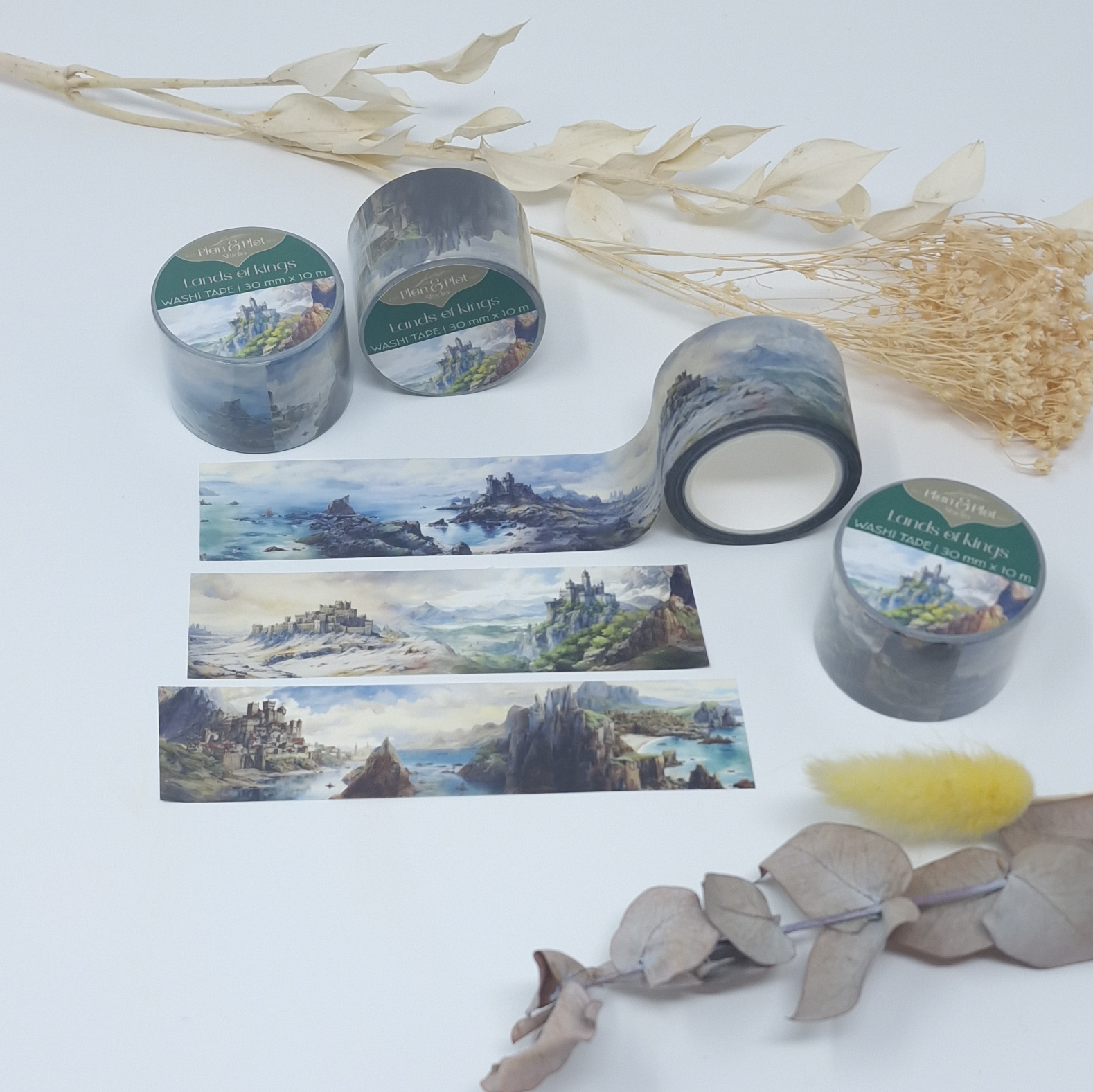 Plan & Plot Studio - Vente Rubans adhésifs Washi - Washi tape « Lands of Kings » avec paysages et châteaux médiévaux7