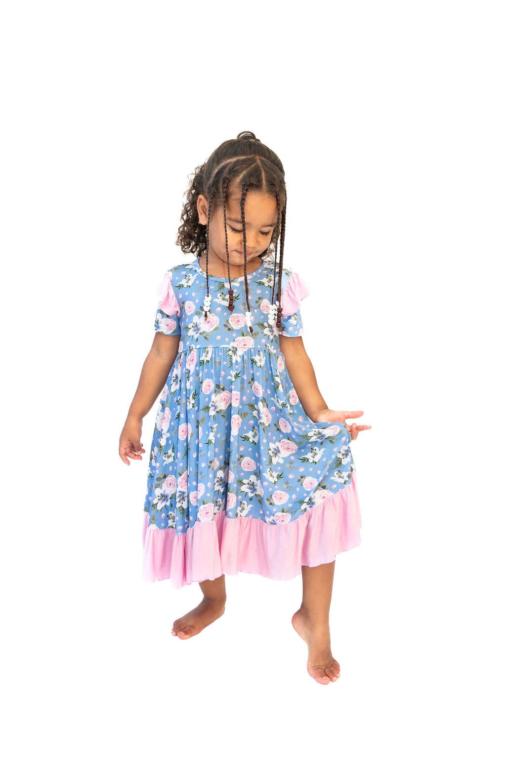 Laree + Co. - Wholesale Dress - Kids - Lillian Floral Bamboo Ruffle Spin Dress2
