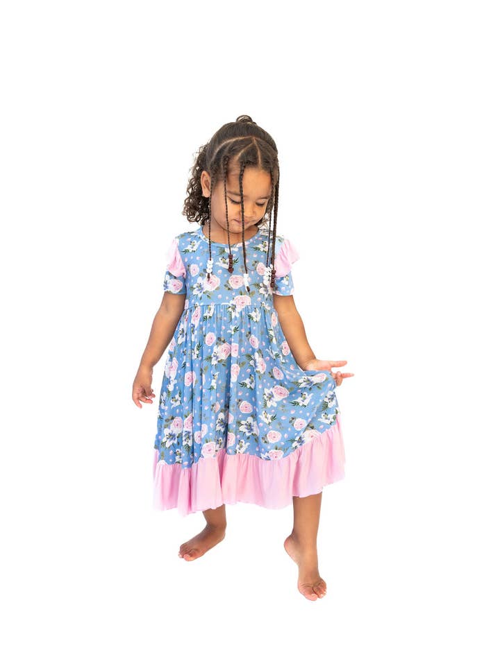 Laree + Co. - Wholesale Dress - Kids - Lillian Floral Bamboo Ruffle Spin Dress2