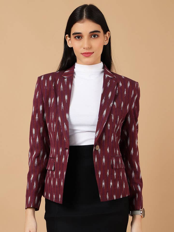 Ikat Maroon Cotton Blazer for wholesale by INDOPHILIA