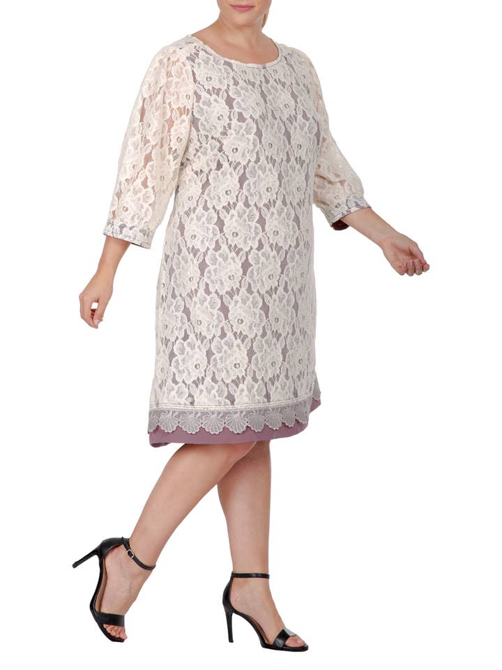 Standards & Practices - Wholesale Dress - Women's - Womens Plus Size Floral Lace Boat Neck 3/4 Sleeve Midi Dress