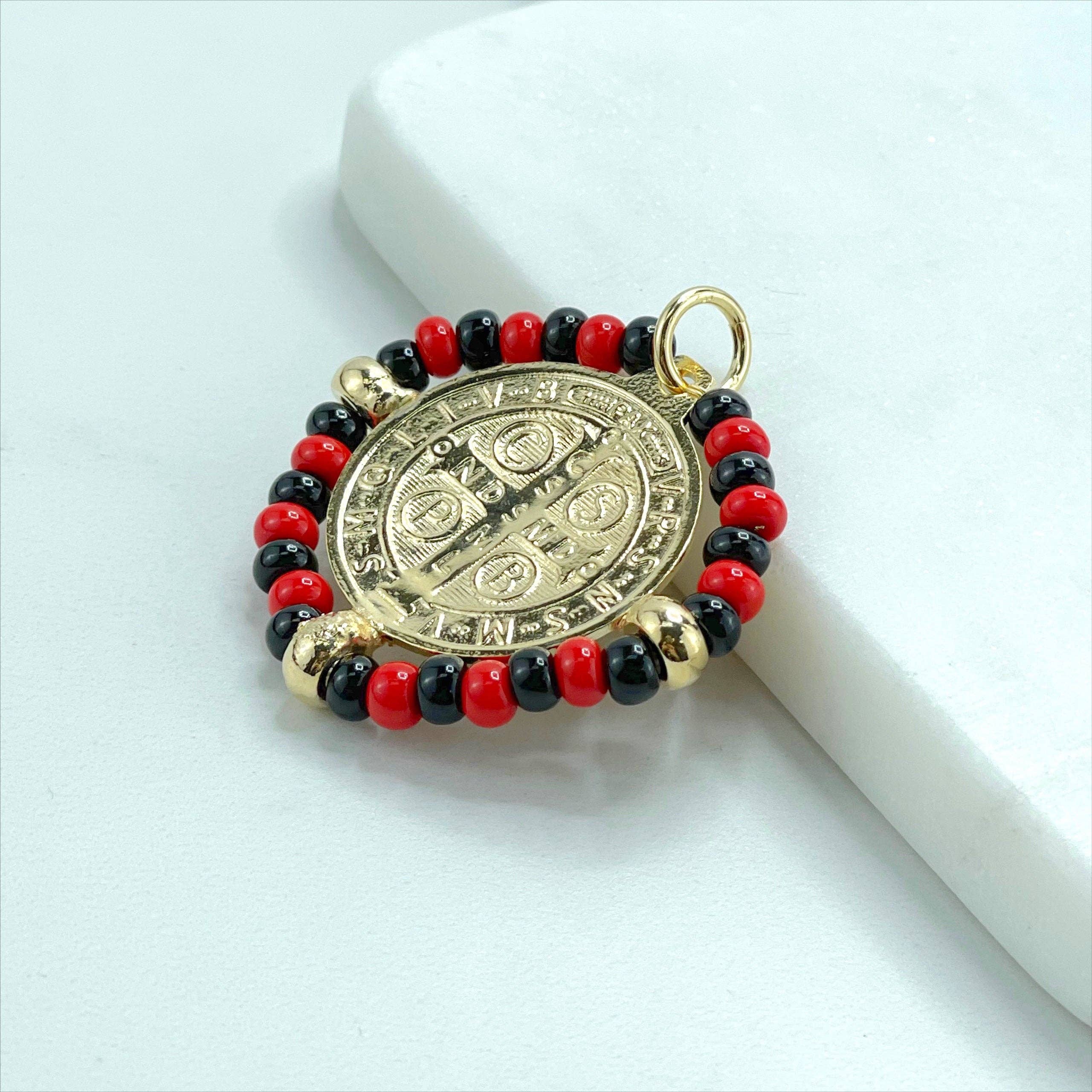 DIJU Jewelry - Wholesale  - 18k Gold Filled San Benito Coin, Black & Red Beads, 2 Sided Round Pendant Charms, Reversible San Benito, Wholesale Jewelry Making Supplies1