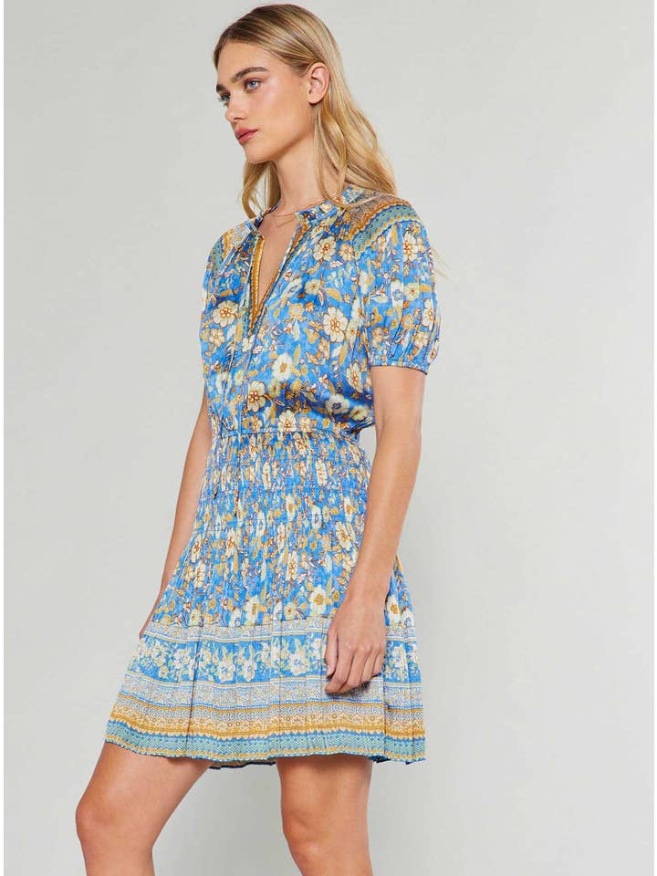 Blue Sand Border Printed Pleats Mini Dress for wholesale on Faire