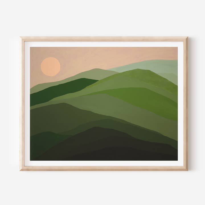 Green and Peach Layered Mountains Print for wholesale by OkayWoods Studio