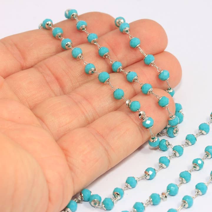 4,3 mm rhodiumbelagt perlekæde med blå rosenkrans, CHK341-3 for engroshandel hos QueenJewelryM