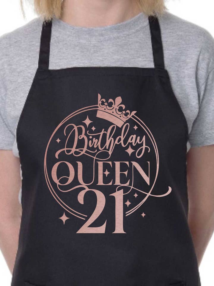 Birthday Queen 21 Schürze für Damen, Geschenk zum 21. Geburtstag, lustige Kochschürze im roségoldenen Design für den Großhandel von Print4U
