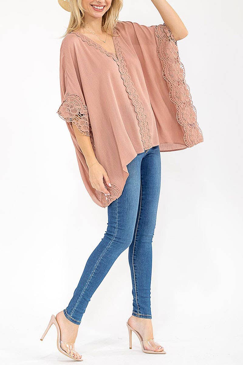 ROUSSEAU - Wholesale Tunic - Women's - SHORT SLEEVE V-NECK LACE TRIM TUNIC BLOUSE2