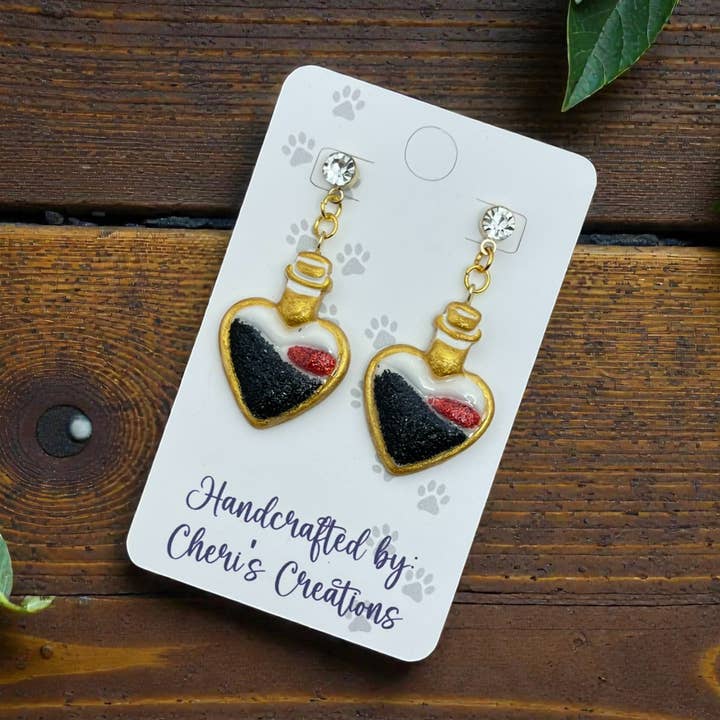 Anti-Love Potion Dangle Earrings – Handmade Polymer Clay Earrings for wholesale by Cheri's Boutique Supplies