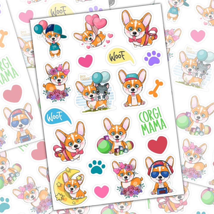 Cartoon Corgi Dog Stickers Sheet, Journal Planner Notebook for wholesale by Swanky Bazaar