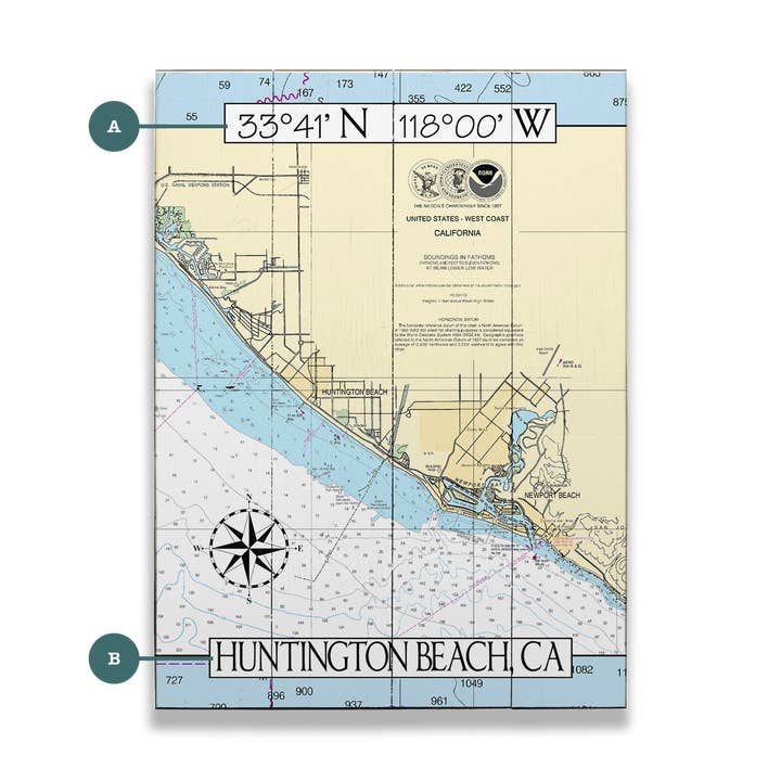 Huntington Beach, CA Area Chart - Wood & Metal Wall Art for wholesale by Old Wood Signs
